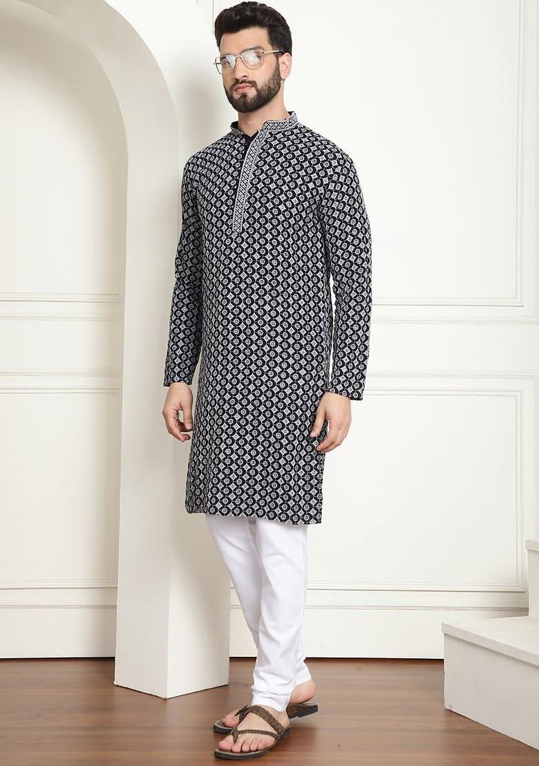 Grey Thread Work Cotton Kurta Set For Men