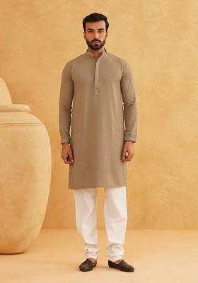 Coffee Brown Thread Work Cotton Kurta Set For Men