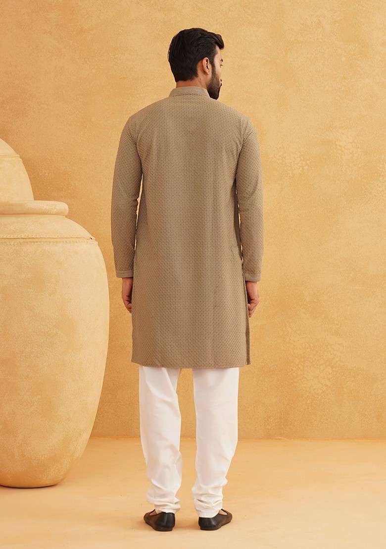Coffee Brown Thread Work Cotton Kurta Set For Men - Indya
