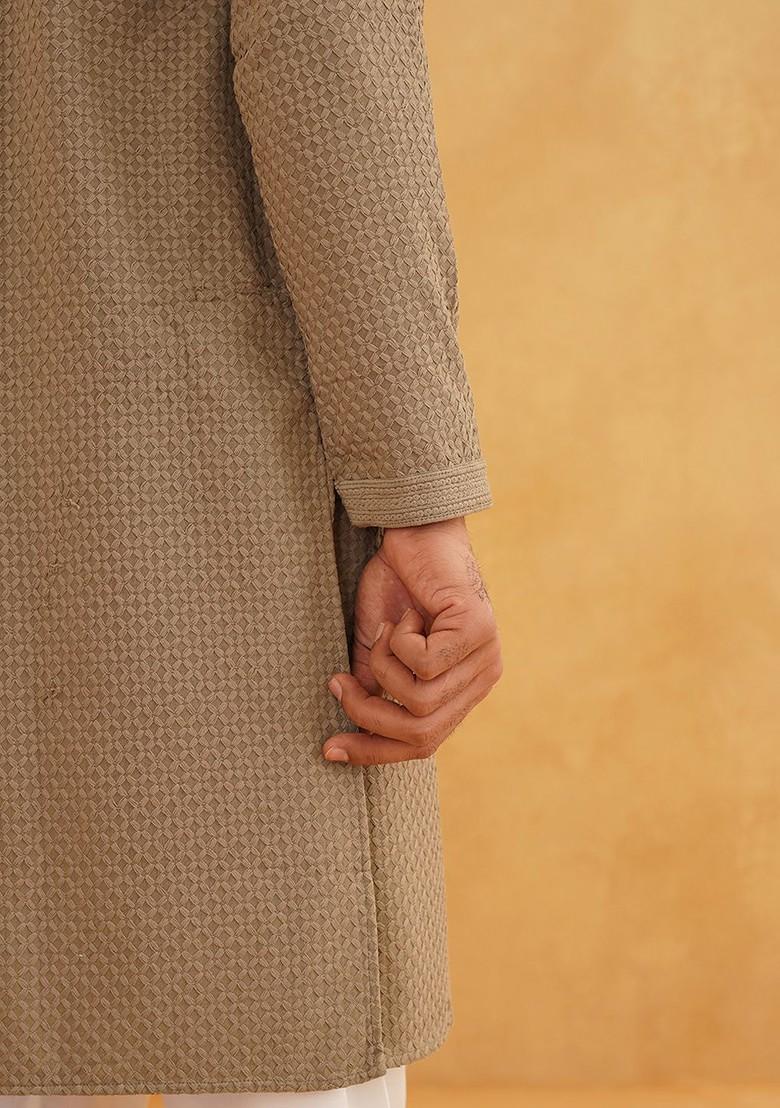 Coffee Brown Thread Work Cotton Kurta Set For Men