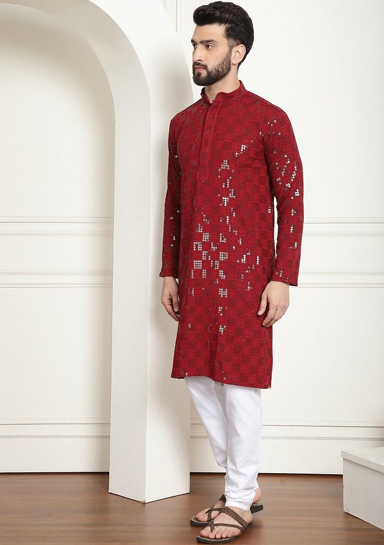 Maroon Embroidered Cotton Kurta Set For Men