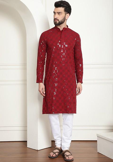Maroon Embroidered Cotton Kurta Set For Men