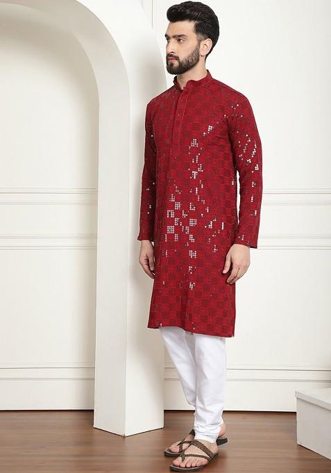 Maroon Embroidered Cotton Kurta Set For Men