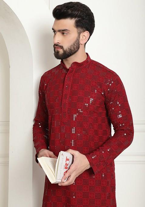 Maroon Embroidered Cotton Kurta Set For Men