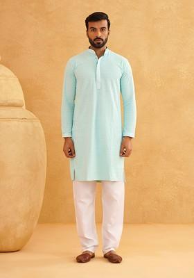Turquoise Blue Embroidered Cotton Kurta Set For Men