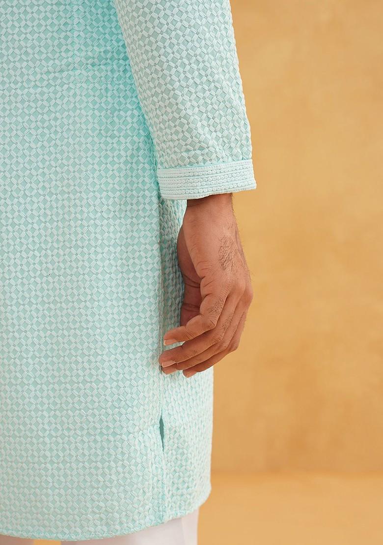 Turquoise Blue Embroidered Cotton Kurta Set For Men