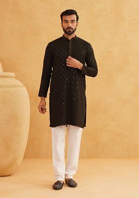 Green Thread Work Cotton Kurta Set For Men