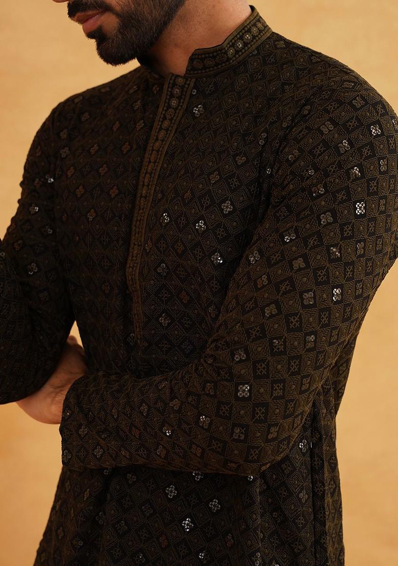 Green Thread Work Cotton Kurta Set For Men