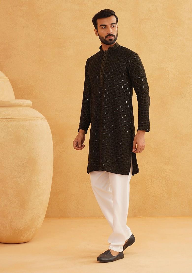 Green Thread Work Cotton Kurta Set For Men