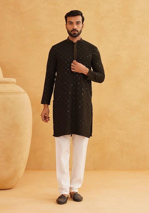 Green Thread Work Cotton Kurta Set For Men