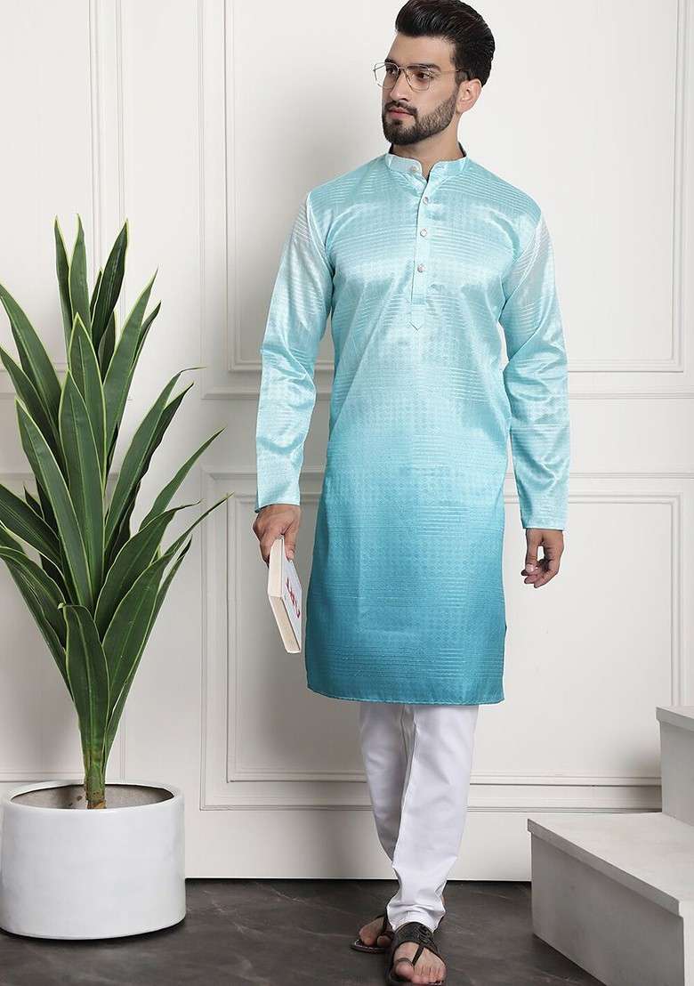 Sea Green Striped Poly Blend Kurta Set For Men - Indya