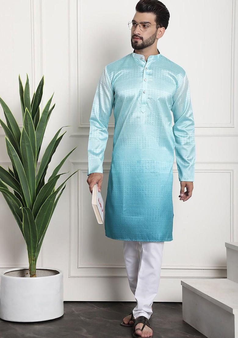 Sea Green Striped Poly Blend Kurta Set For Men