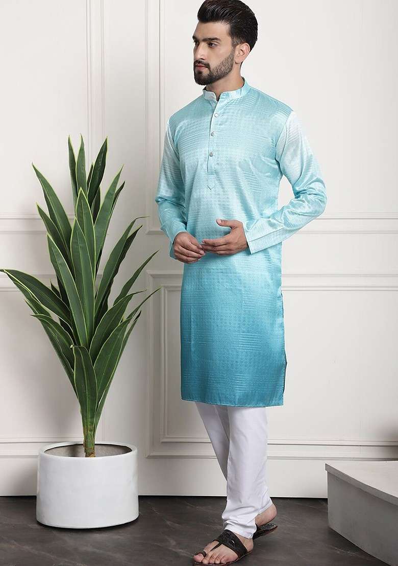 Sea Green Striped Poly Blend Kurta Set For Men - Indya