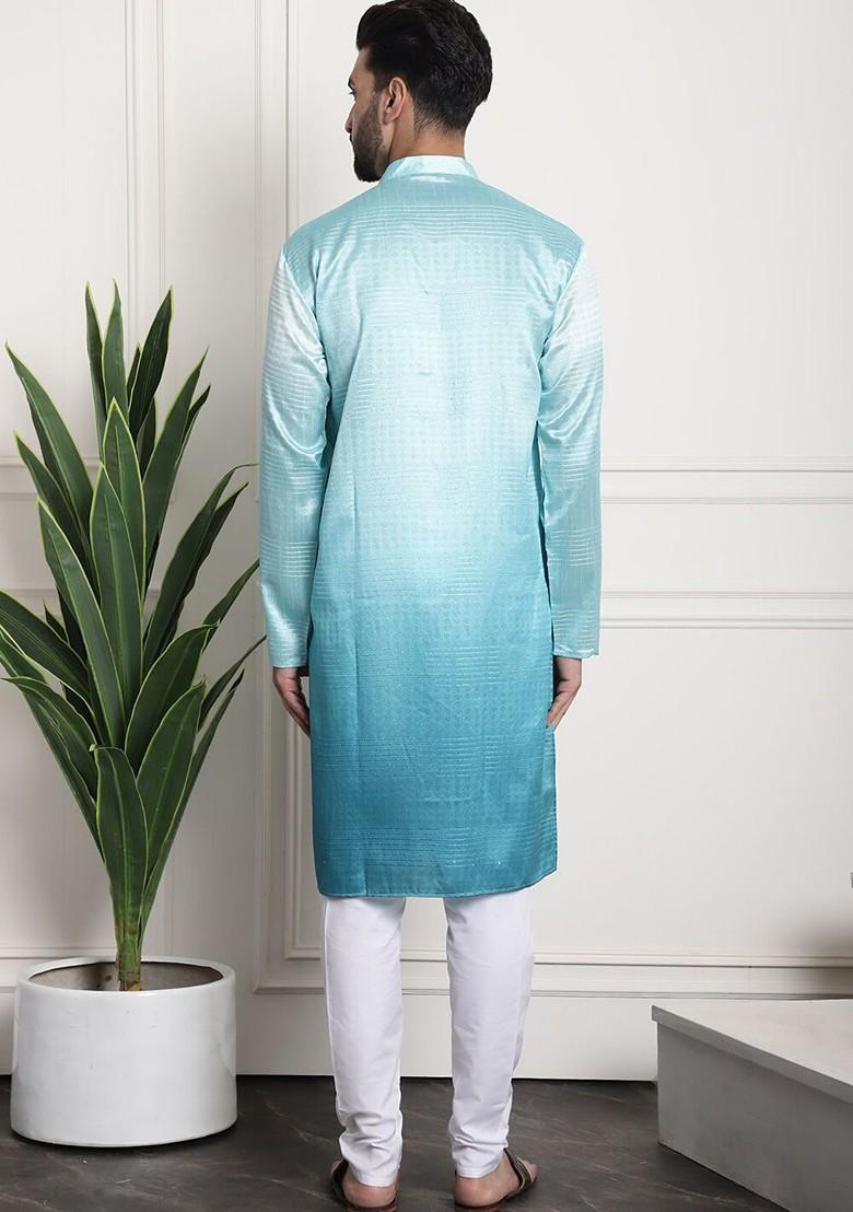 Sea Green Striped Poly Blend Kurta Set For Men