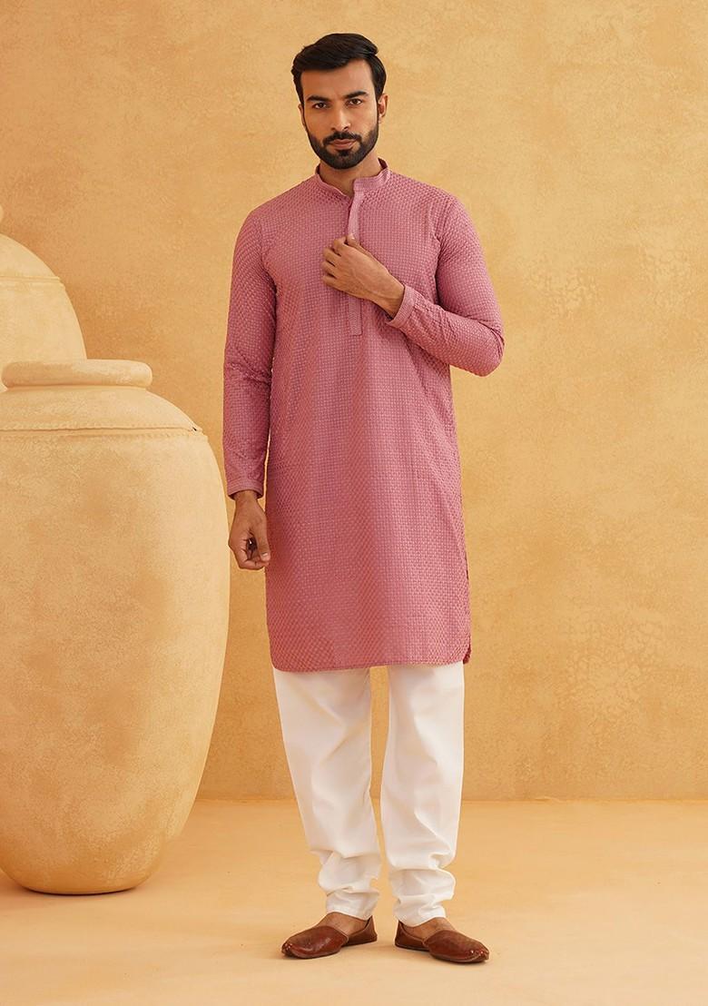 Coral Pink Embroidered Cotton Kurta Set For Men