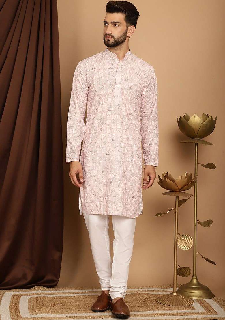 Pink Printed Cotton Kurta Set For Men - Indya