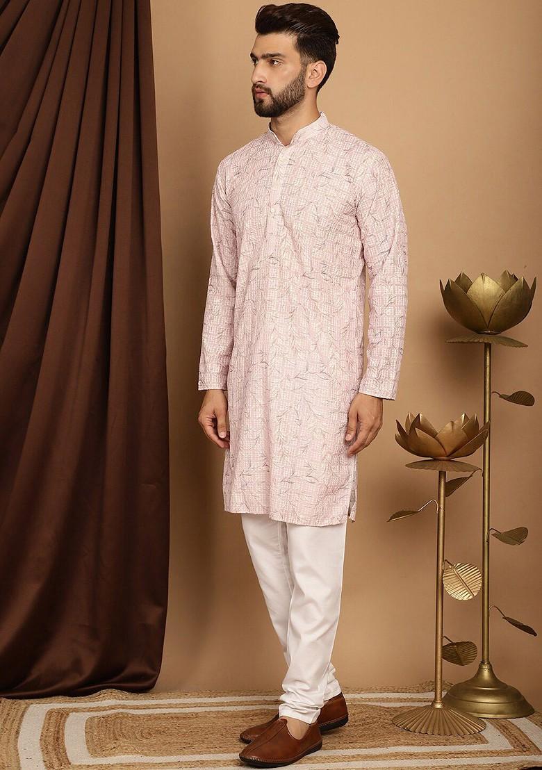 Pink Printed Cotton Kurta Set For Men