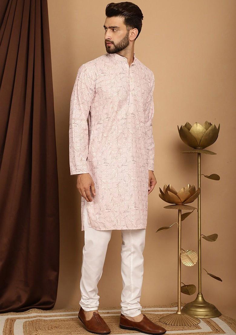 Pink Printed Cotton Kurta Set For Men