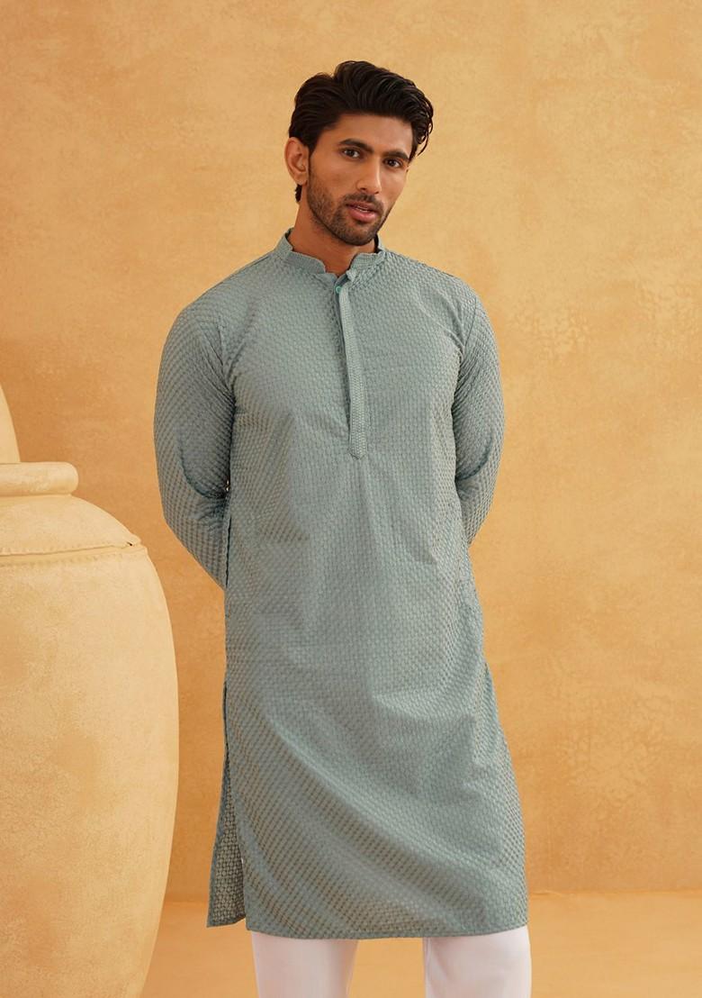 Sea Green Thread Work Cotton Kurta Set For Men