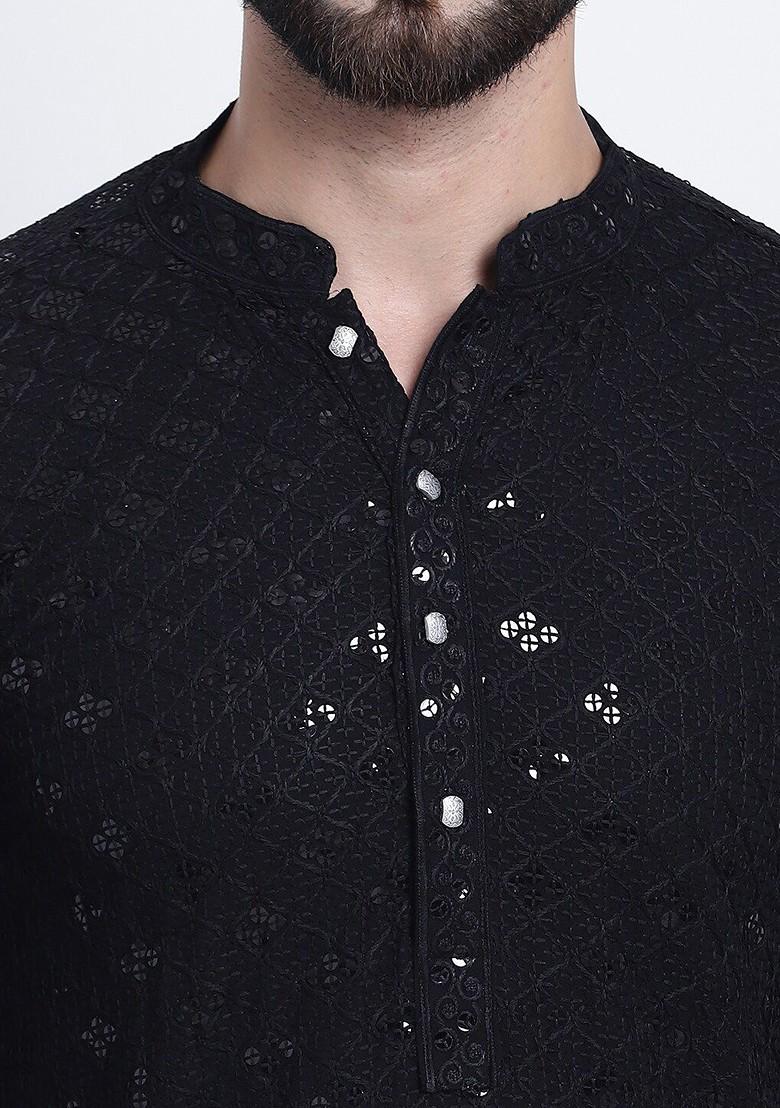 Black Embroidered Cotton Kurta Set For Men