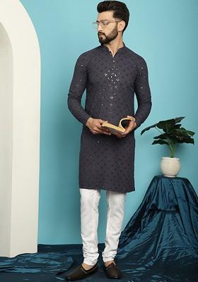 Grey Embroidered Cotton Kurta Set For Men