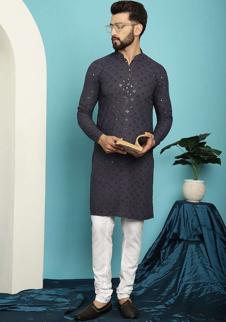 Grey Embroidered Cotton Kurta Set For Men - Indya