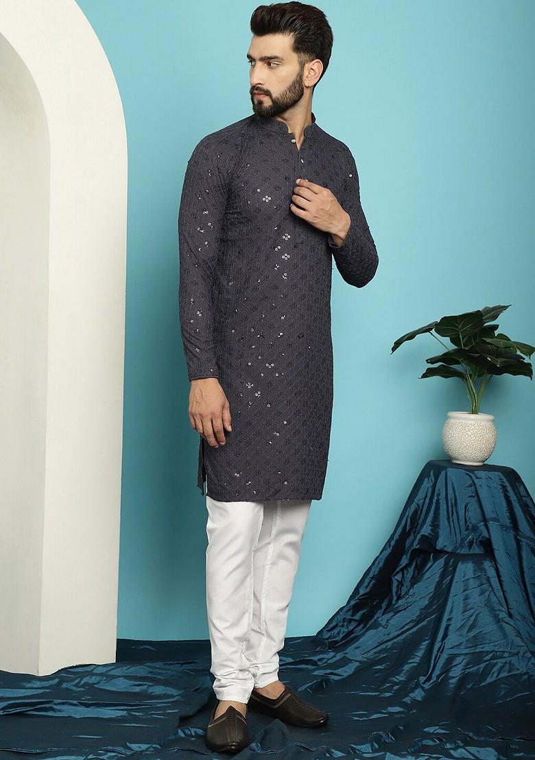 Grey Embroidered Cotton Kurta Set For Men
