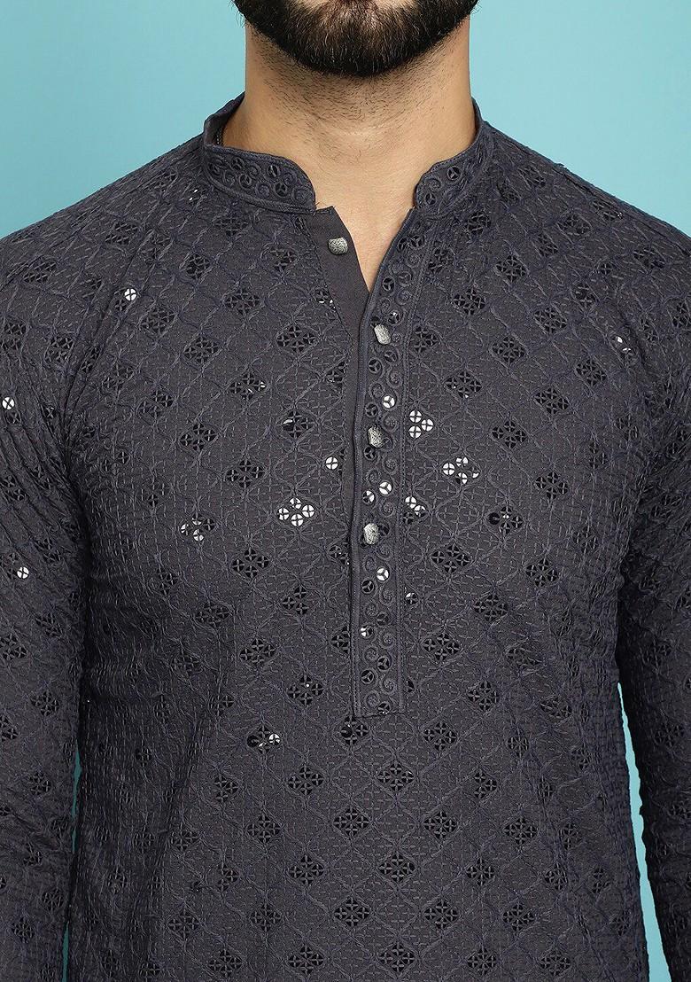Grey Embroidered Cotton Kurta Set For Men