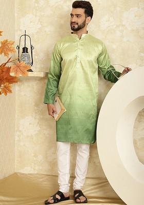 Green Striped Jacquard Kurta Set For Men