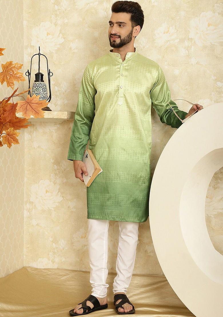 Green Striped Jacquard Kurta Set For Men