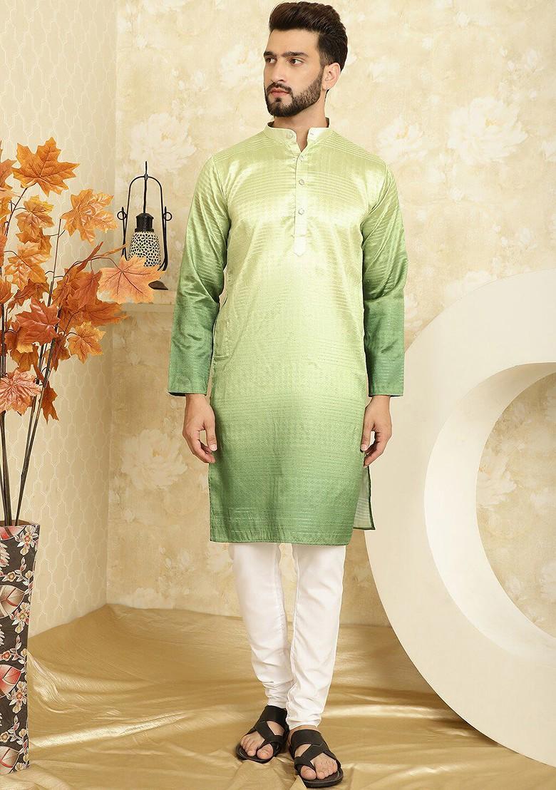 Green Striped Jacquard Kurta Set For Men