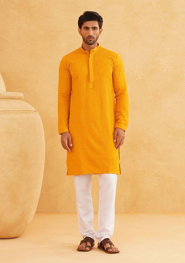 Mustard Embroidered Cotton Kurta Set For Men