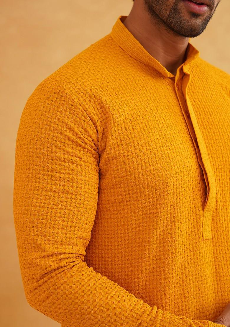 Mustard Embroidered Cotton Kurta Set For Men