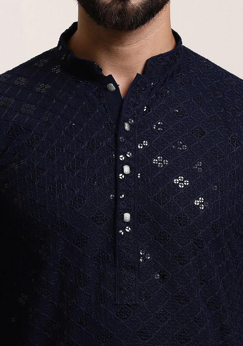 Navy Blue Embroidered Cotton Kurta Set For Men