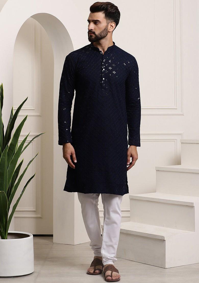 Navy Blue Embroidered Cotton Kurta Set For Men