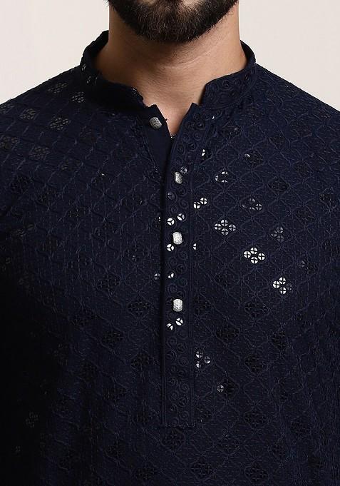 Navy Blue Embroidered Cotton Kurta Set For Men