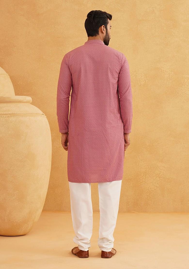 Coral Pink Embroidered Cotton Kurta Set For Men