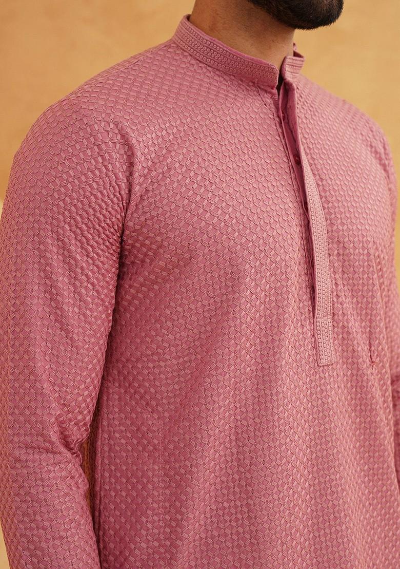 Coral Pink Embroidered Cotton Kurta Set For Men