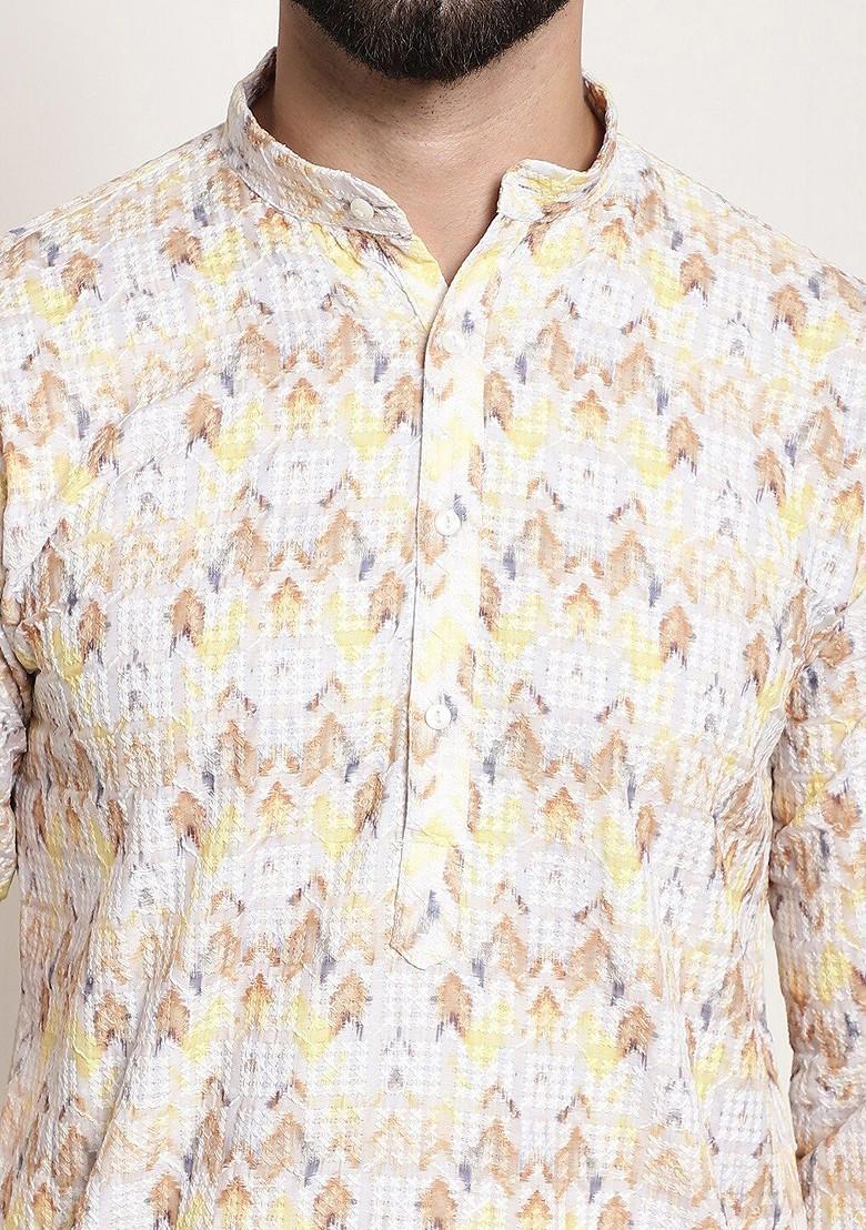 Yellow Embroidered Cotton Kurta Set For Men