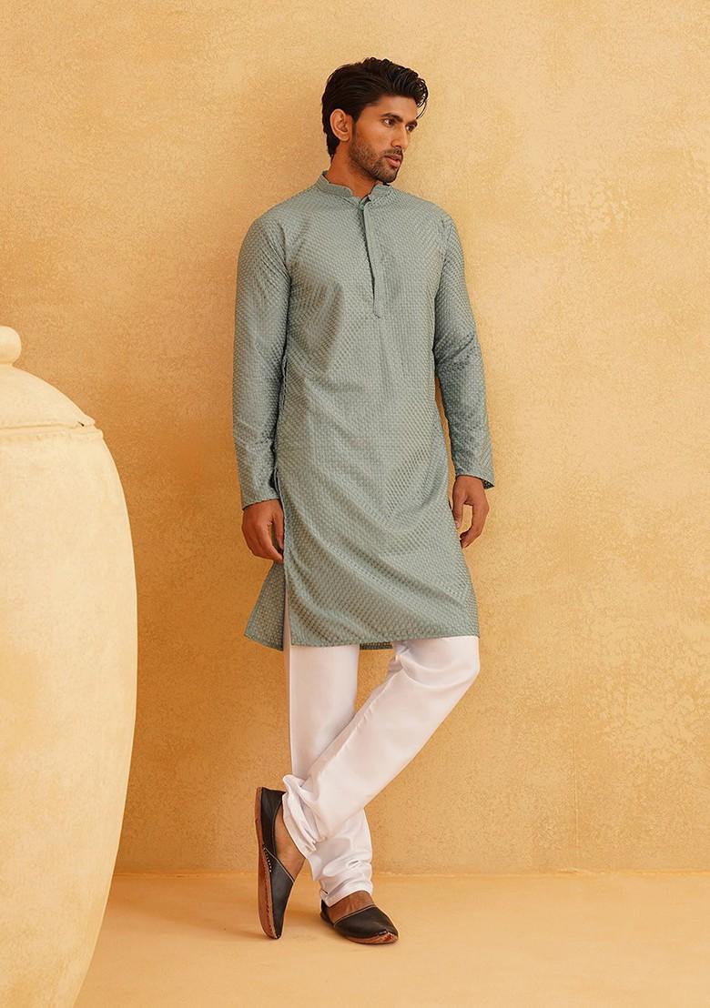 Sea Green Embroidered Cotton Kurta Set For Men