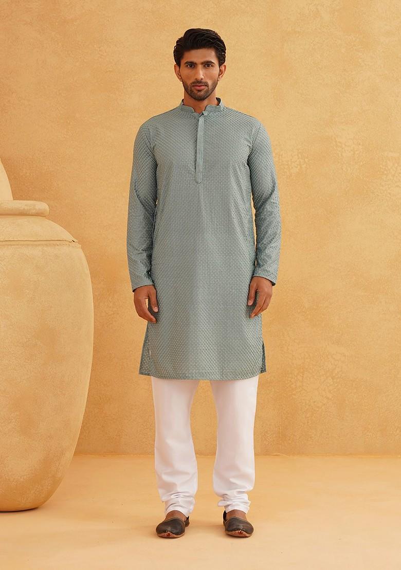 Sea Green Embroidered Cotton Kurta Set For Men