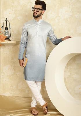 Grey Striped Poly Blend Kurta Set For Men