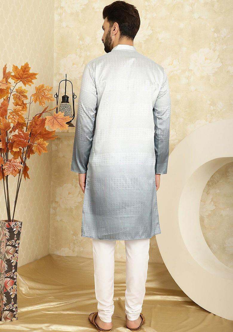 Grey Striped Poly Blend Kurta Set For Men