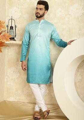 Sea Green Woven Poly Blend Kurta Set For Men