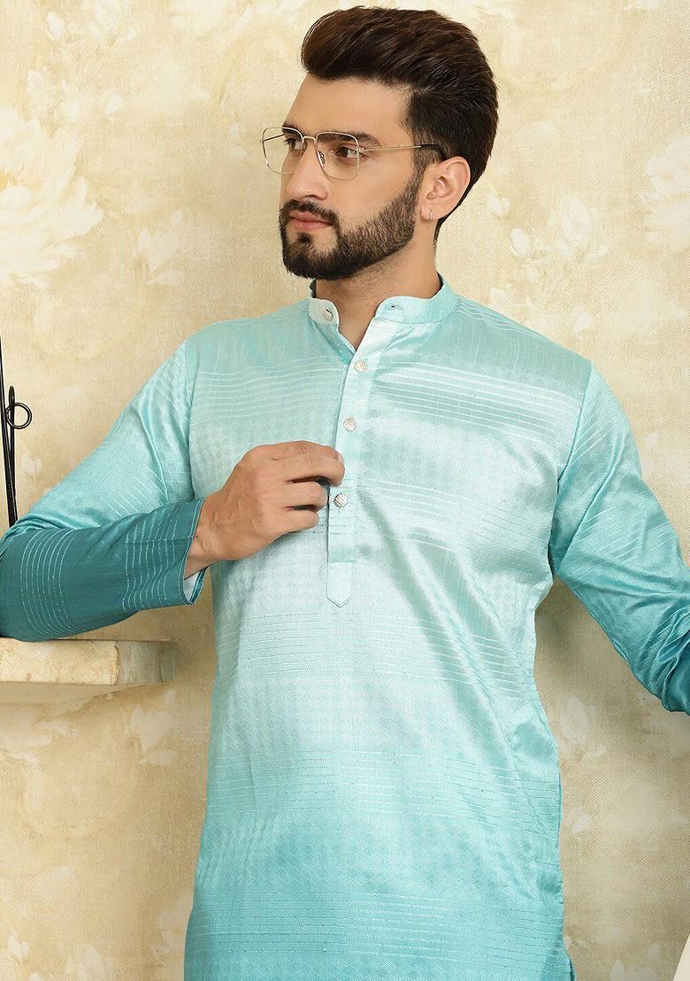 Sea Green Woven Poly Blend Kurta Set For Men
