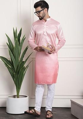 Pink Striped Jacquard Kurta Set For Men