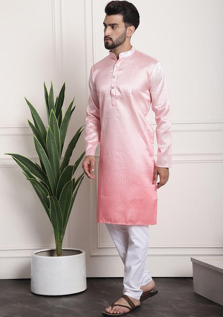 Pink Striped Jacquard Kurta Set For Men