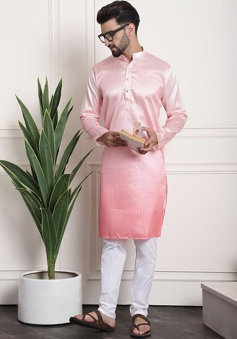 Pink Striped Jacquard Kurta Set For Men — view on Indya