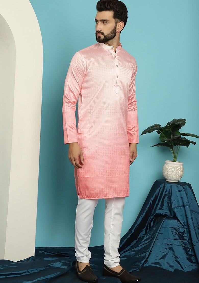 Pink Woven Silk Kurta Set For Men