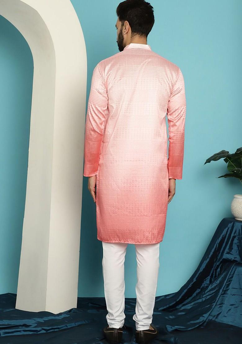 Pink Woven Silk Kurta Set For Men